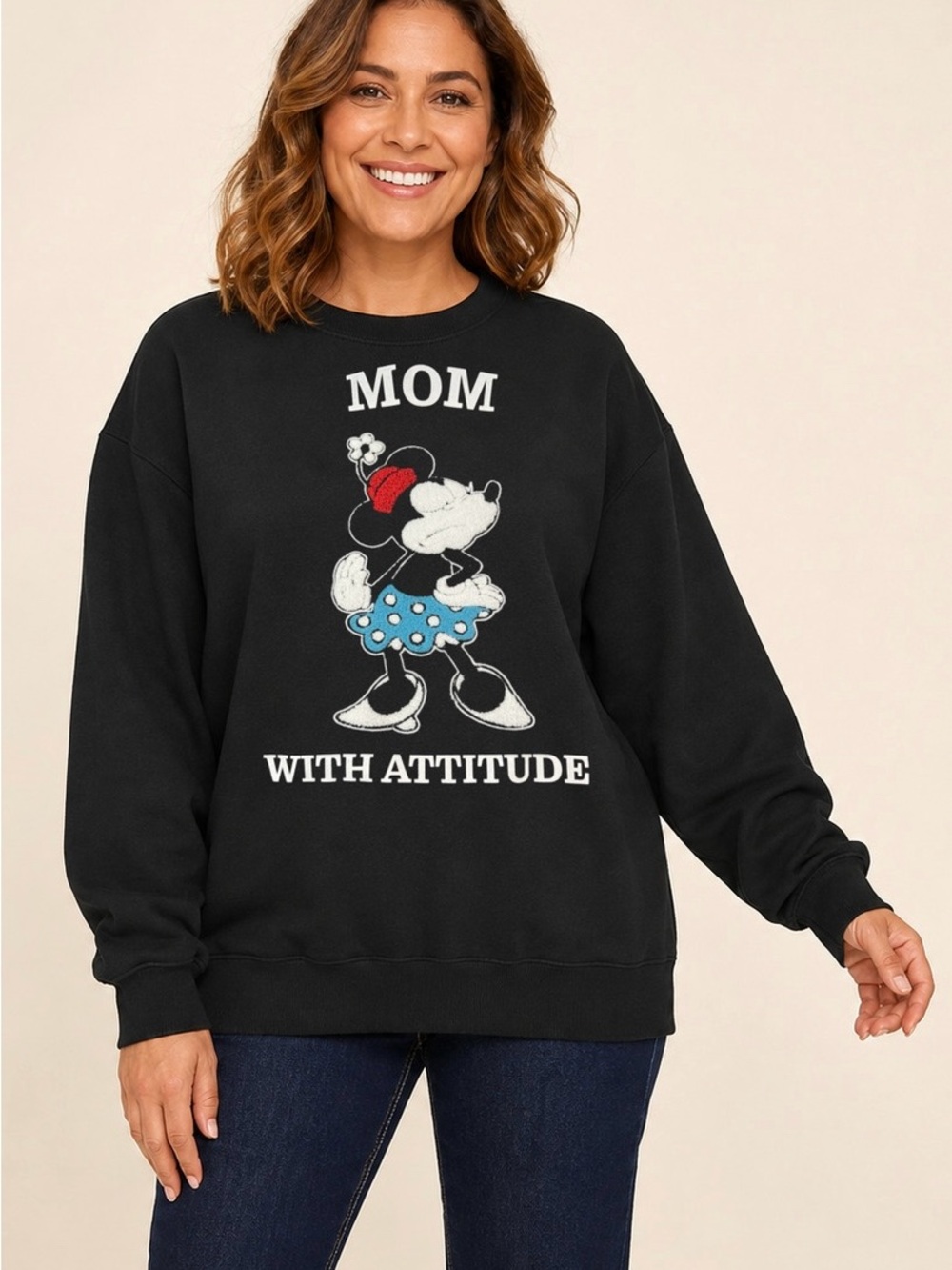 Disney Minnie Mouse Mom With Attitude Chenille Crewneck Sweatshirt Black L